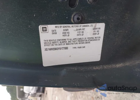 2000 Chevrolet Impala Ls z USA, uszkodzony, nr VIN 2G1WH55K0Y9177880